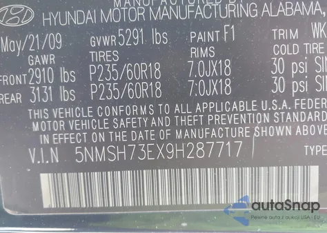 2009 Hyundai Santa Fe Limited из США, поврежденный, VIN 5NMSH73EX9H287717